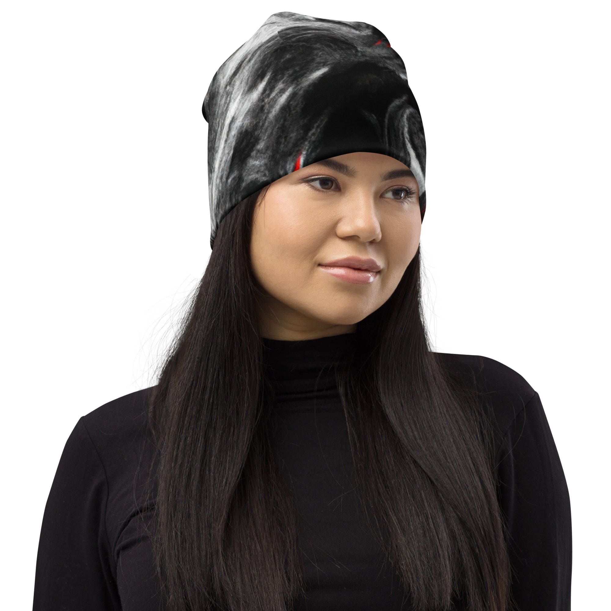 Double-layered Beanie Hat Decorative Black Red White Abstract-2