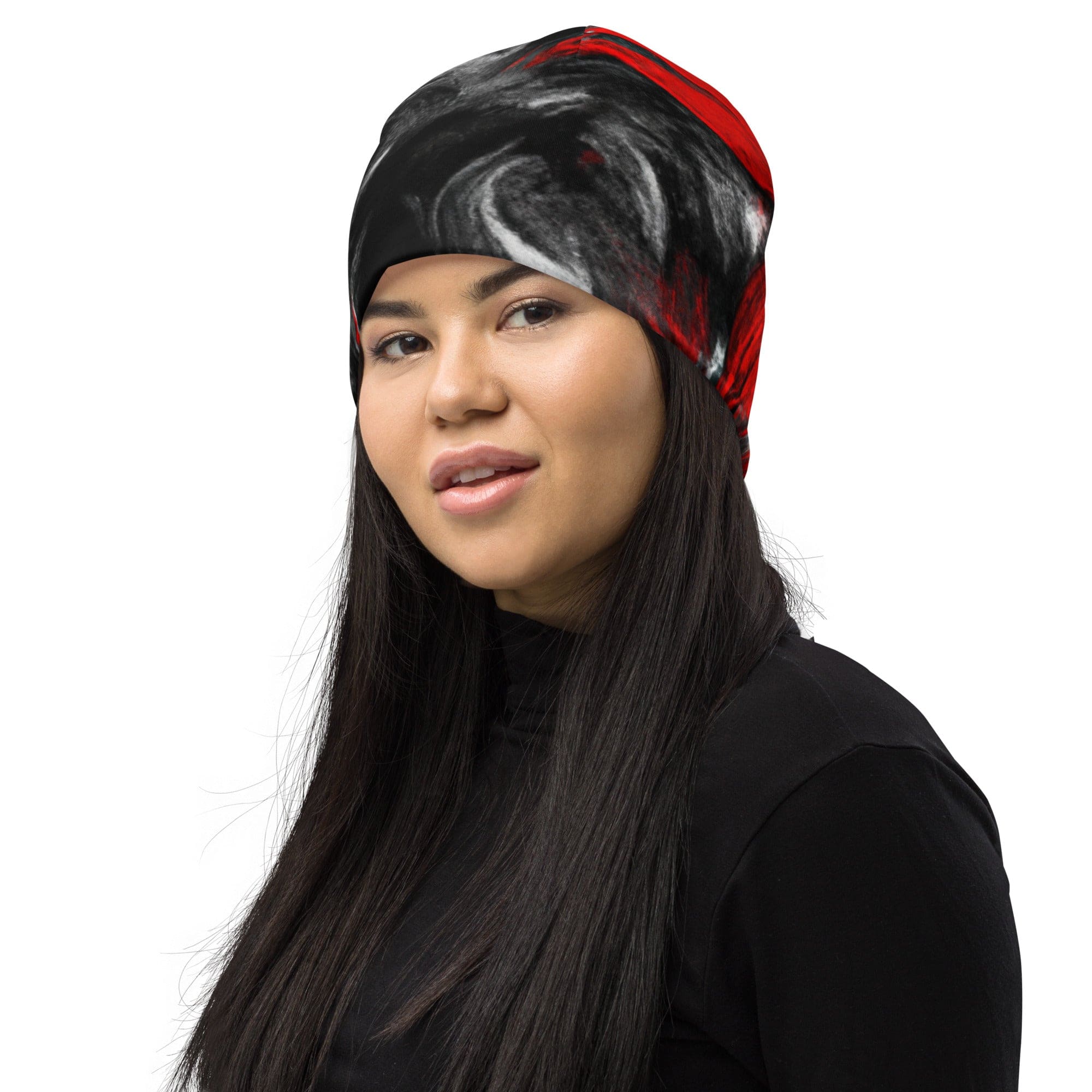 Double-layered Beanie Hat Decorative Black Red White Abstract-3