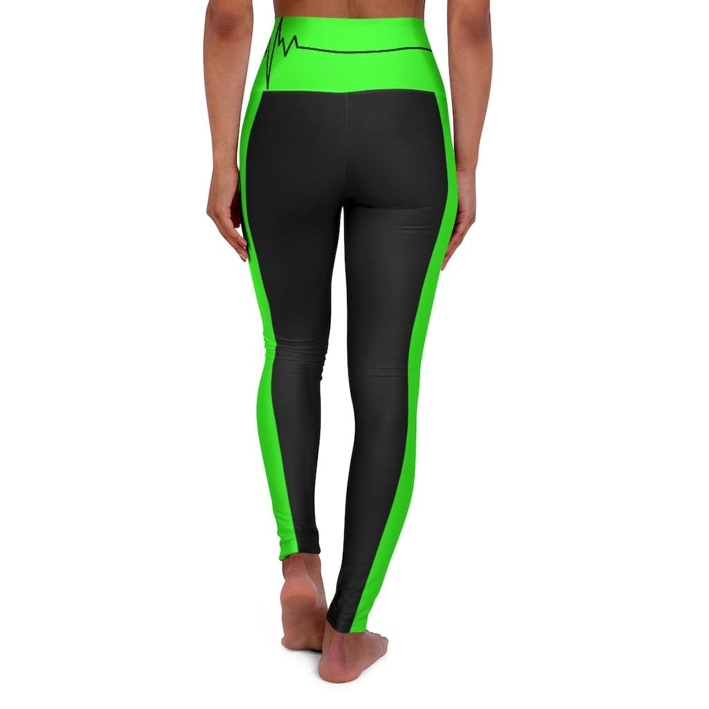 High Waisted Yoga Leggings - Black and Neon Green Beating Heart Sports Pants-2