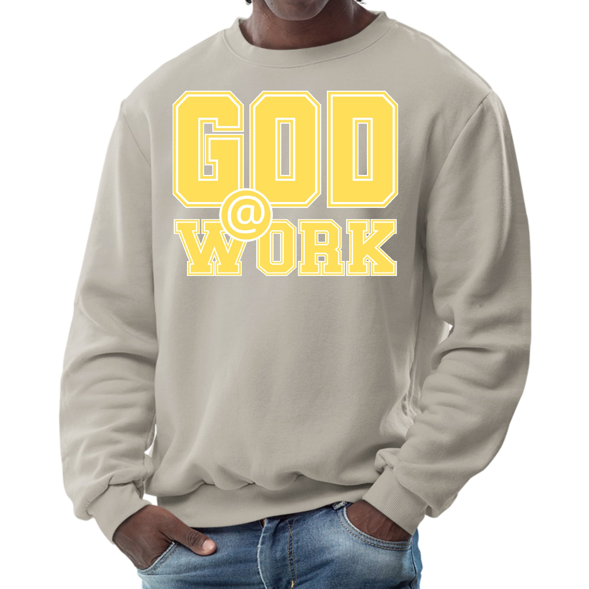 Mens Graphic Sweatshirt - God @ Work Yellow and White Print-7