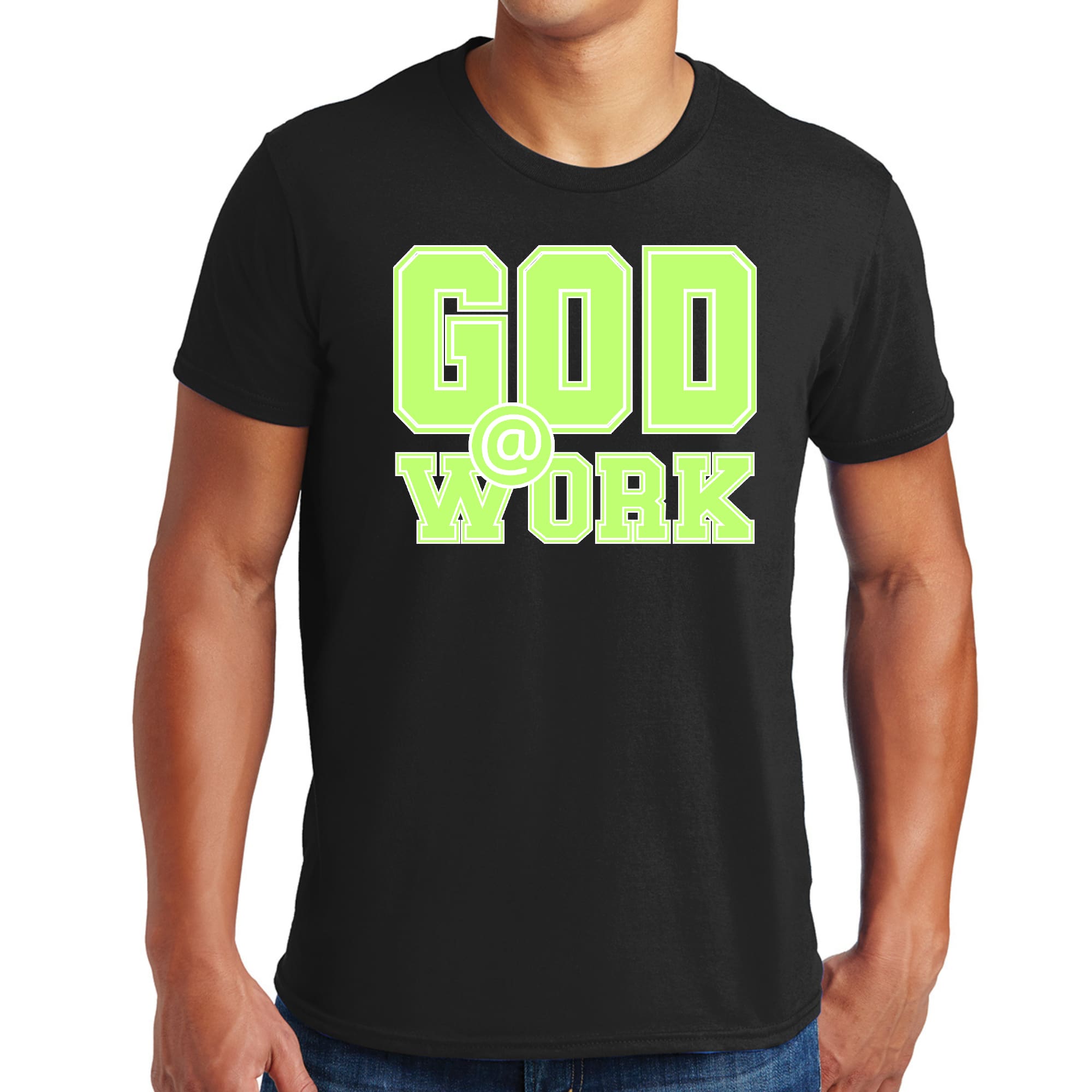 Mens Graphic T-shirt God @ Work Neon Green and White Print-0