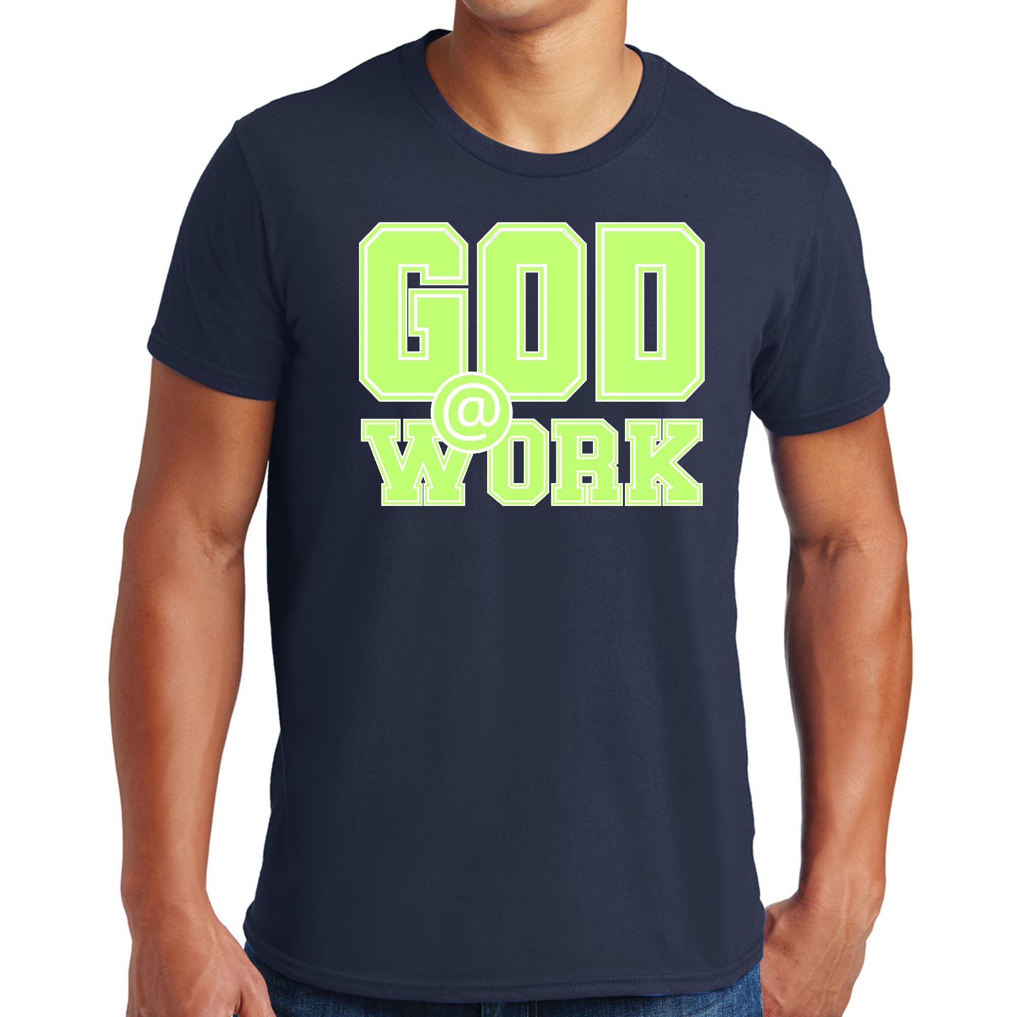 Mens Graphic T-shirt God @ Work Neon Green and White Print-1