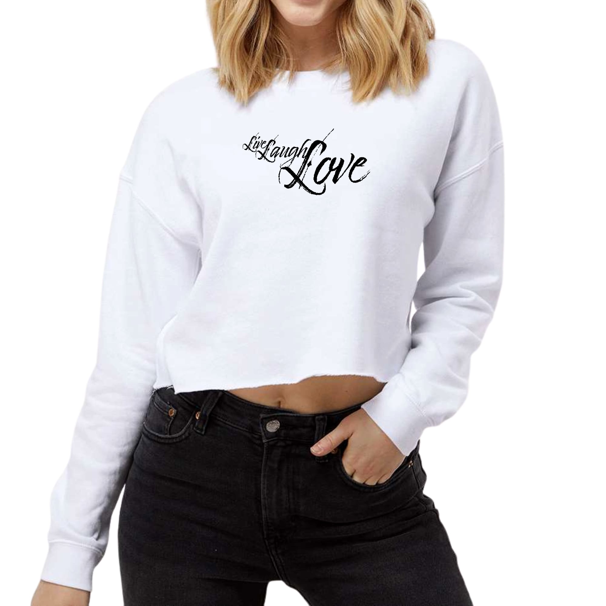 Womens Cropped Graphic Sweatshirt - Live Laugh Love Black Illustration-0