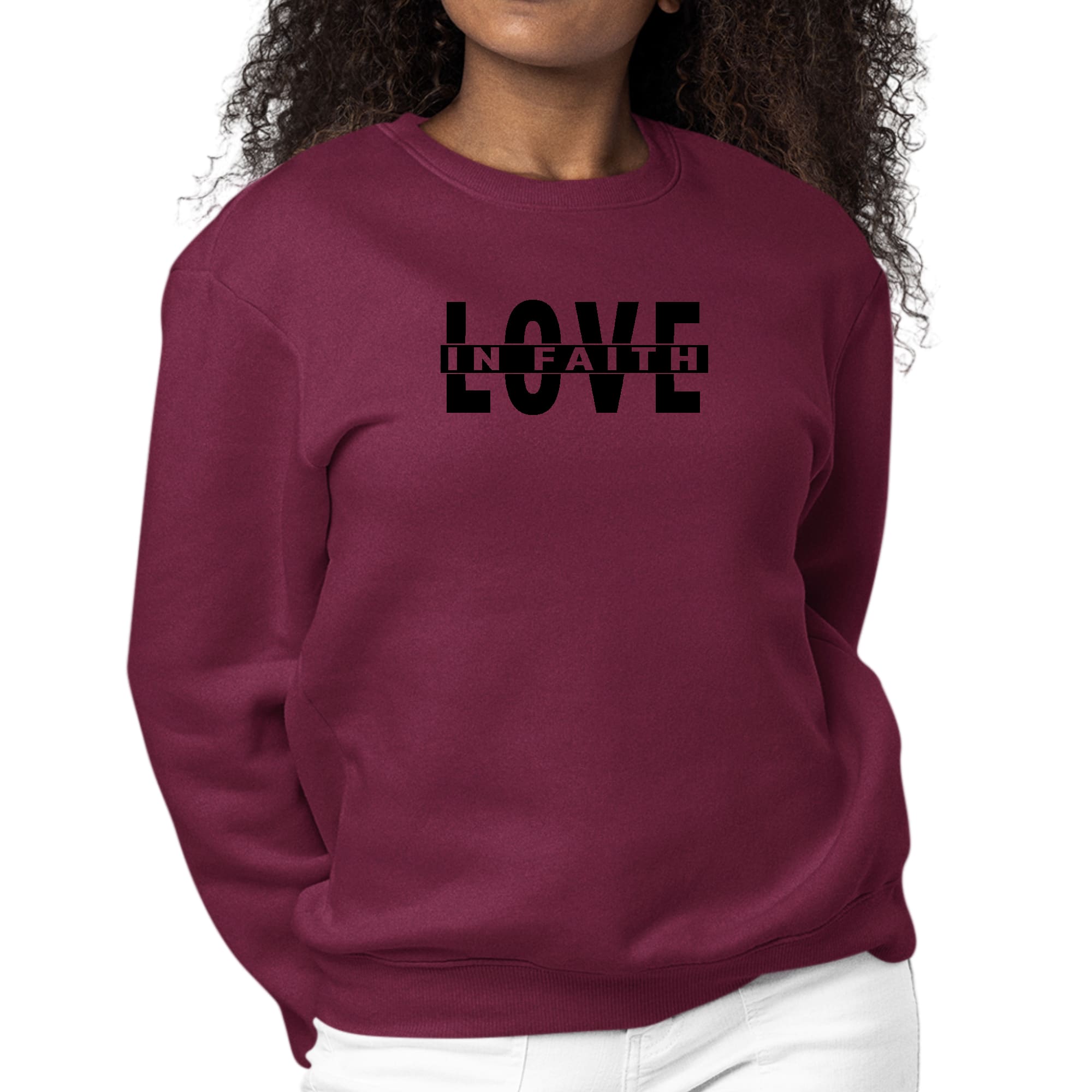 Womens Graphic Sweatshirt Love in Faith Black Illustration-3