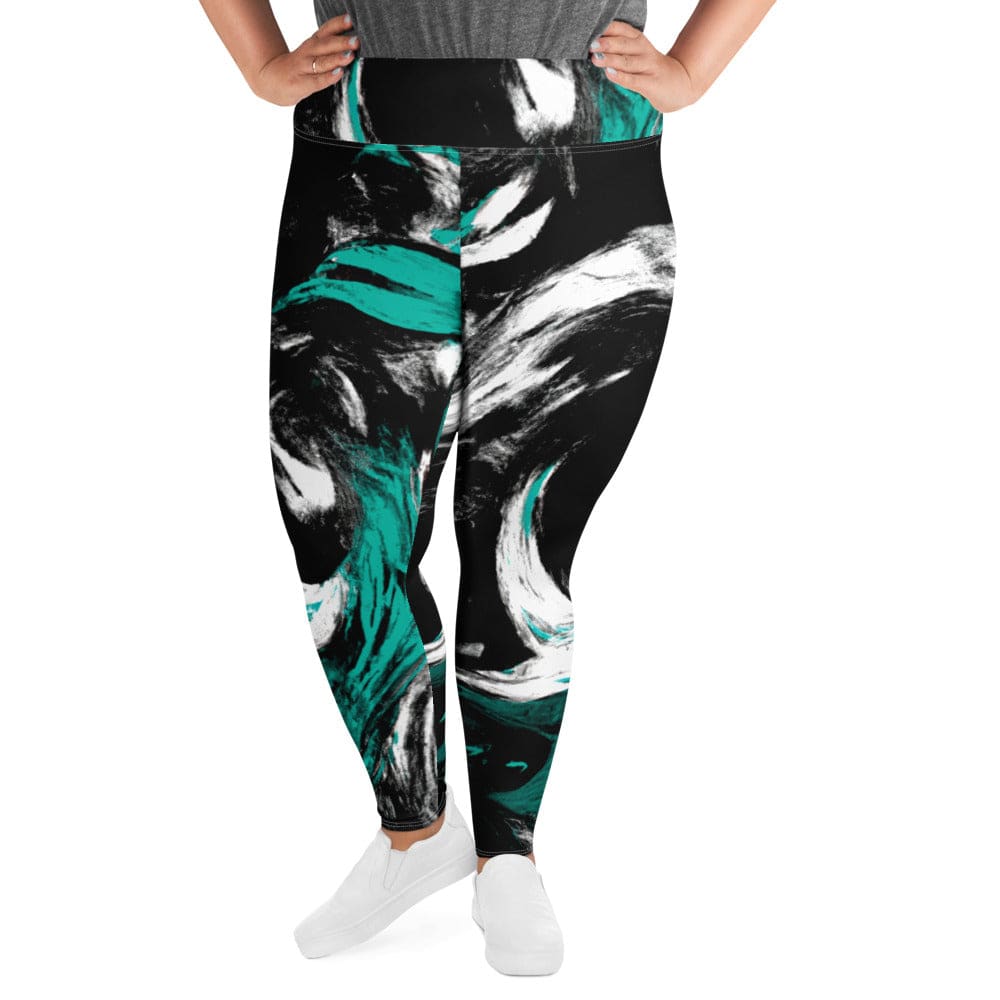 Womens Plus Size Fitness Leggings - Black Green White Abstract Pattern-0