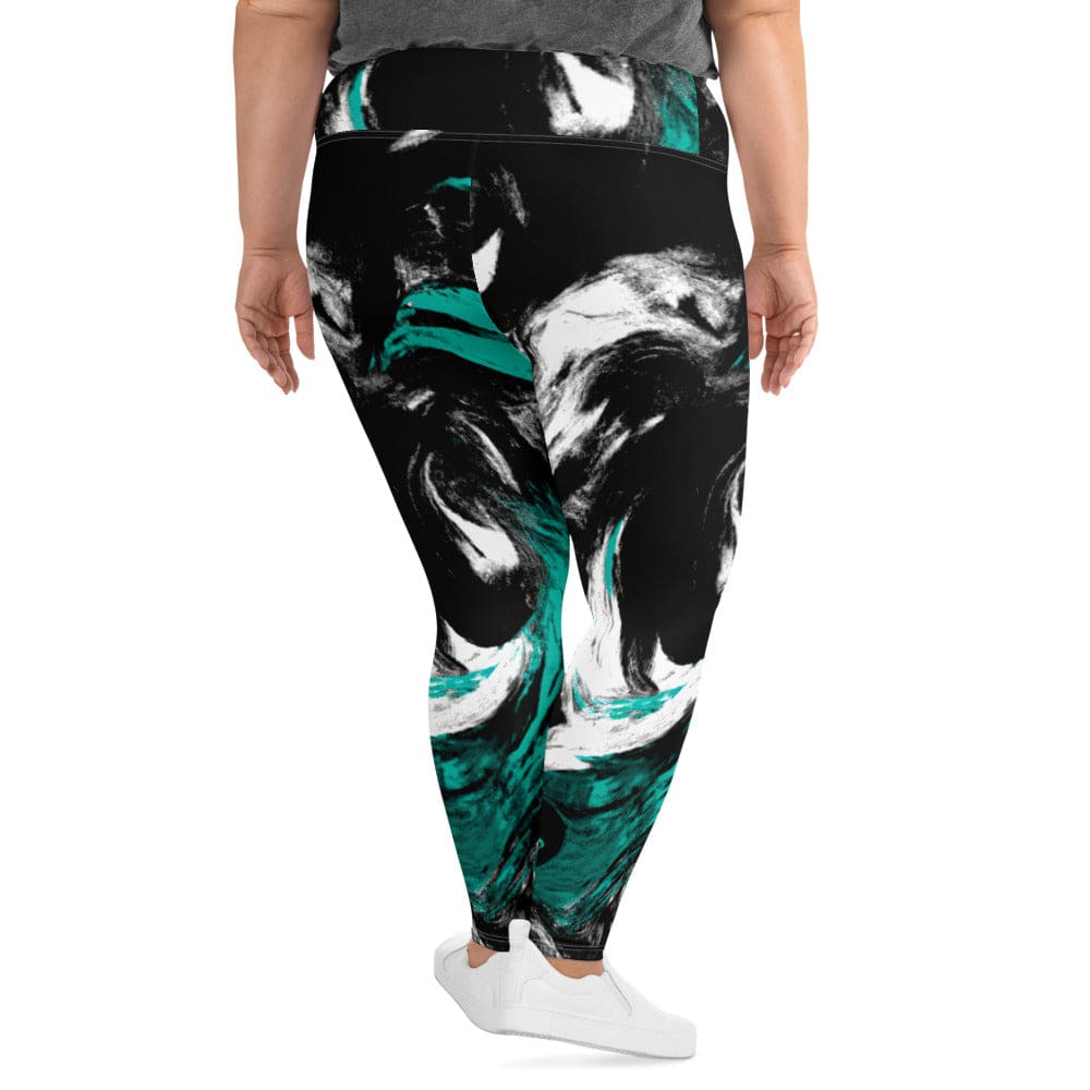 Womens Plus Size Fitness Leggings - Black Green White Abstract Pattern-1