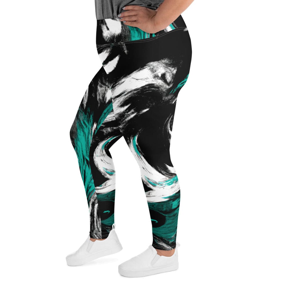 Womens Plus Size Fitness Leggings - Black Green White Abstract Pattern-3